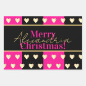 Personalized Hot Pink Black Gold Heart Christmas Inpakpapier Vel (Voorkant 3)