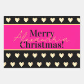 Personalized Hot Pink Black Gold Heart Christmas Inpakpapier Vel (Voorkant 2)
