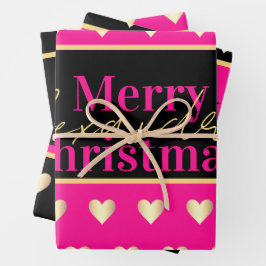 Personalized Hot Pink Black Gold Heart Christmas Inpakpapier Vel