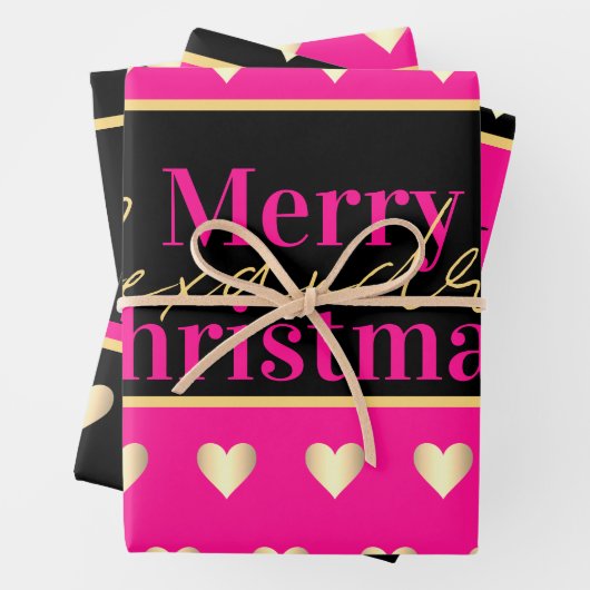 Personalized Hot Pink Black Gold Heart Christmas Inpakpapier Vel (In situ)