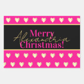 Personalized Hot Pink Black Gold Heart Christmas Inpakpapier Vel (Voorkant)