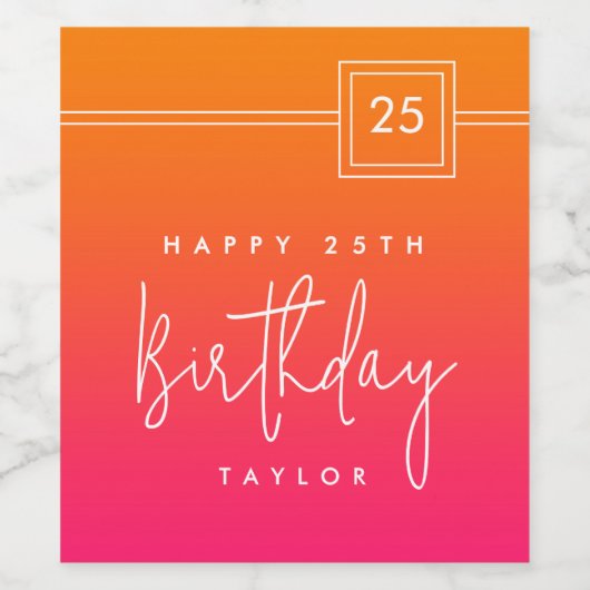 Personalized Hot Pink Orange 25th Birthday Wijn Etiket (Enkel label)