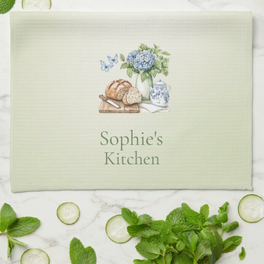 Personalized Hydrangea Kitchen Towel, Custom Name  Theedoek (Gevouwen)