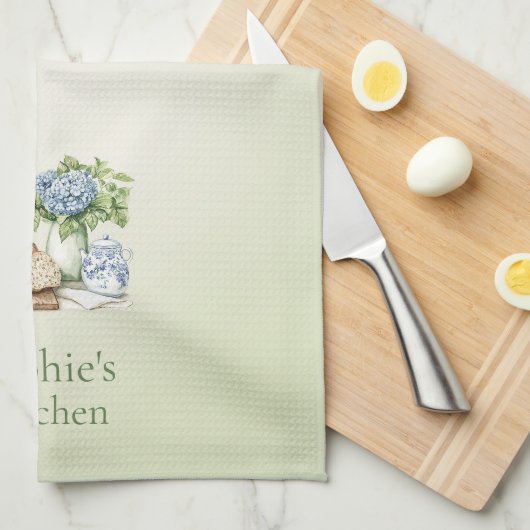 Personalized Hydrangea Kitchen Towel, Custom Name Theedoek (Quarter Fold)