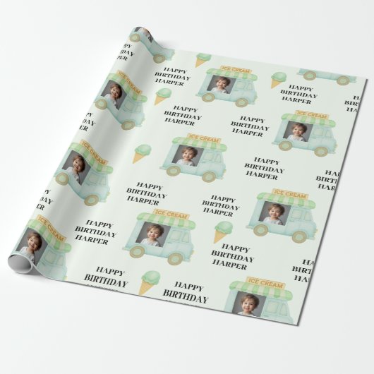 Personalized Ice Cream Truck Photo Birthday Cadeaupapier (Uitgerold)
