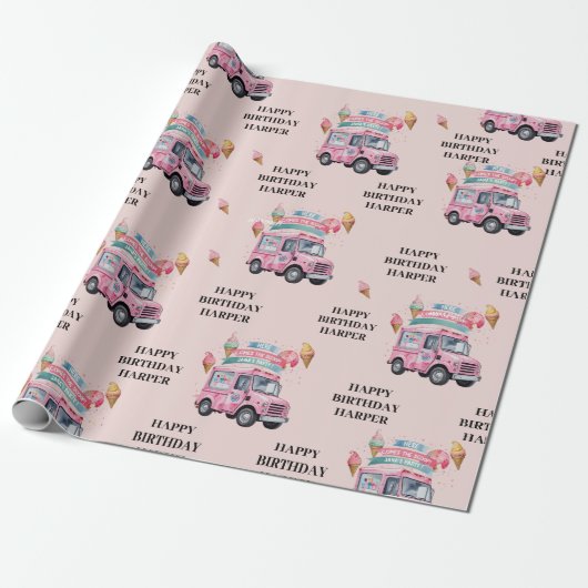 Personalized Ice Cream Truck Pink Birthday Cadeaupapier (Uitgerold)