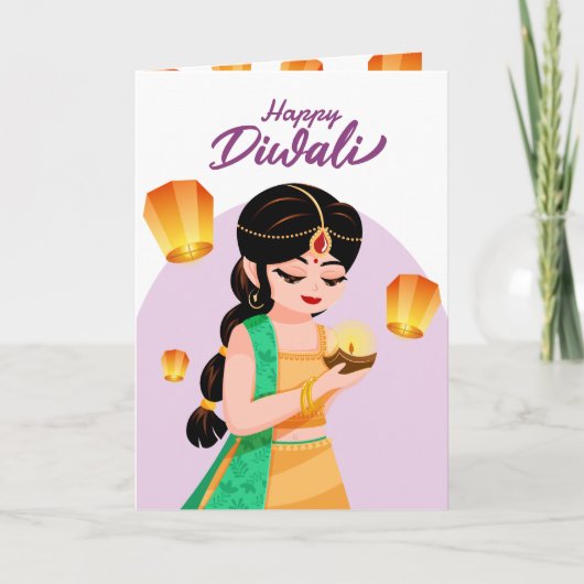 Personalized Indian Girl Diwali Floating Lantern Kaart (Voorkant)