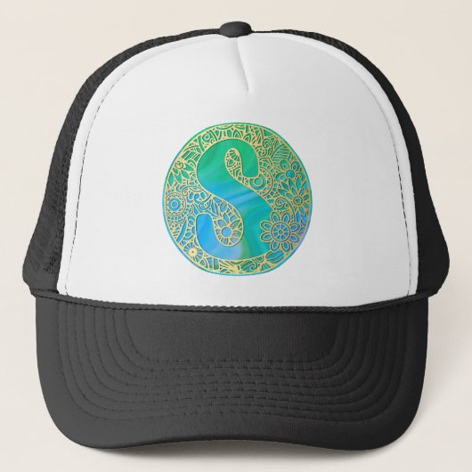 Personalized Initial 'S' Hat - Gold Teal Mandala Trucker Pet (Voorkant)