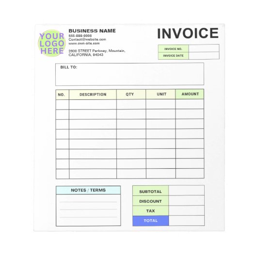 Personalized Invoice Order Form & Business Logo Notitieblok (Voorkant)