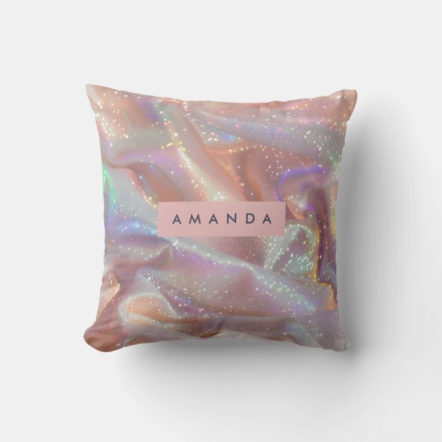 Personalized Iridescent Pastel Sparkle Satin Kussen (Voorkant)