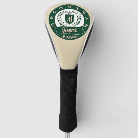 Personalized Jasper Groomsman Crest Green & Ivory Golfheadcover (Voorkant)