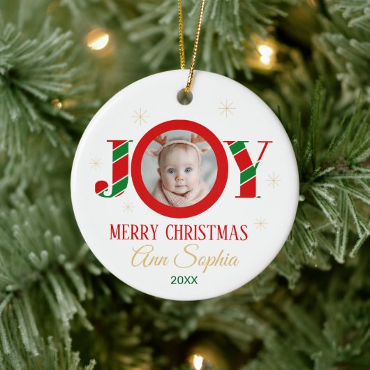 Personalized Joy Christmas Photo Keramisch Ornament (Boom)