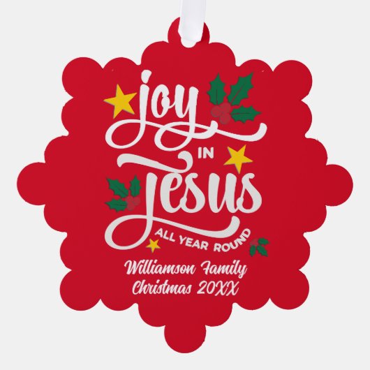 Personalized JOY IN JESUS Christian Christmas RED Ornament Kaart (Voorkant)