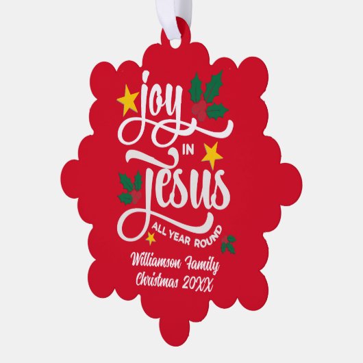 Personalized JOY IN JESUS Christian Christmas RED Ornament Kaart (Links)