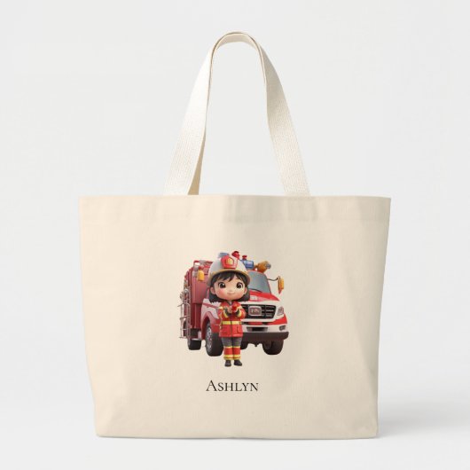 Personalized Kawaii 3D Girl Firefighter Grote Tote Bag (Voorkant)