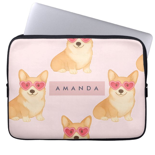 Personalized Kawaii Corgi with Heart Sunglasses Laptop Sleeve (Voorkant)