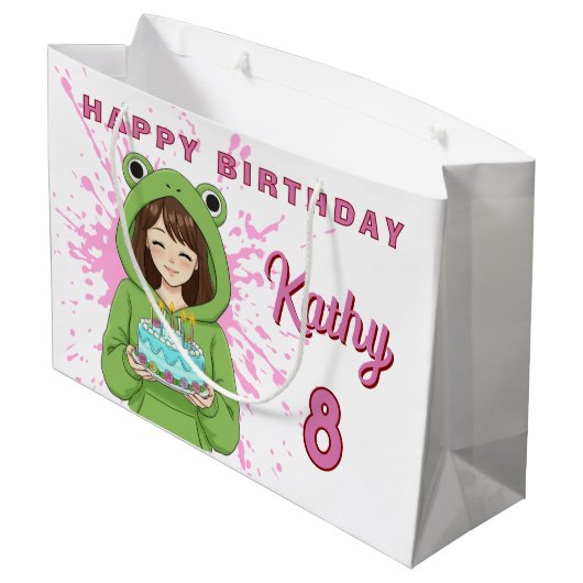 Personalized Kawaii Frog Hoodie Girl Birthday Groot Cadeauzakje (Achterkant Gekanteld)