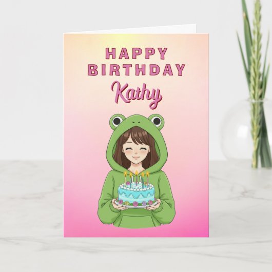 Personalized Kawaii Frog Hoodie Girl Birthday Kaart (Voorkant)