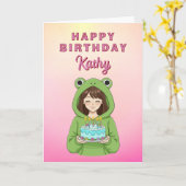 Personalized Kawaii Frog Hoodie Girl Birthday Kaart (Gele Bloem)