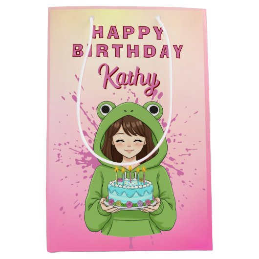 Personalized Kawaii Frog Hoodie Girl Birthday Medium Cadeauzakje (Voorkant)