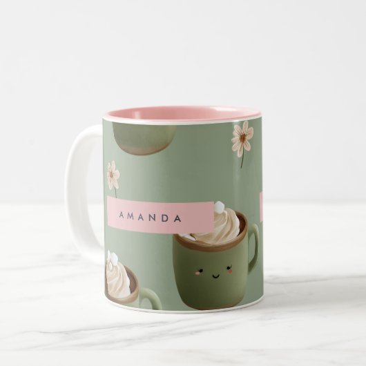 Personalized Kawaii Hot Cocoa Pattern Tweekleurige Koffiemok (Voorkant links)