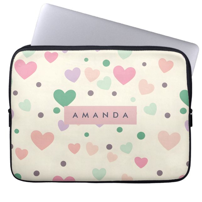Personalized Kawaii Pastel Hearts & Dots Laptop Sleeve (Voorkant)