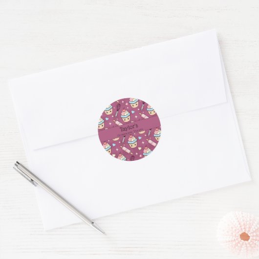Personalized Kawaii Pink Purple Cupcake Topper  Ronde Sticker (Envelop)