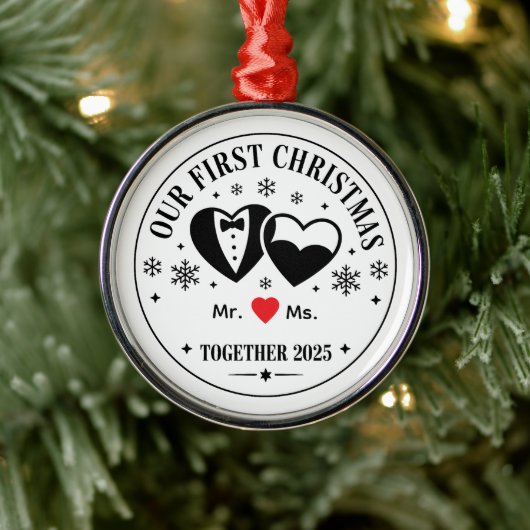 Personalized Keepsake Our First Christmas Mr & Ms Metalen Ornament (Boom)