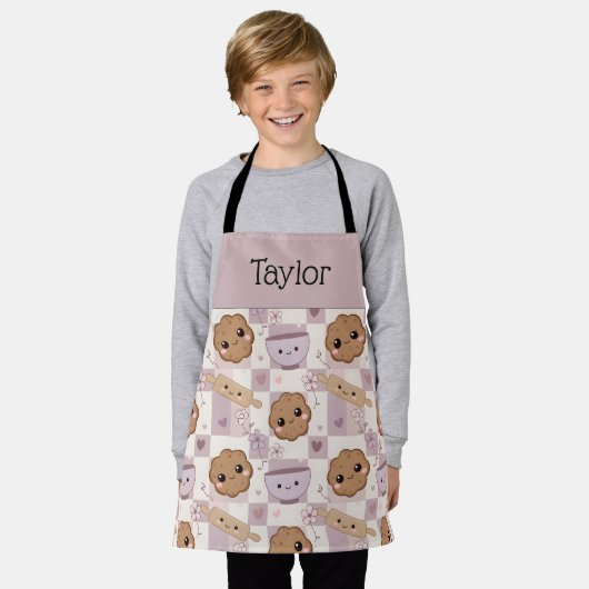 Personalized Kids Apron Kawaii Cookie Gingham Bake Schort (Gedragen)
