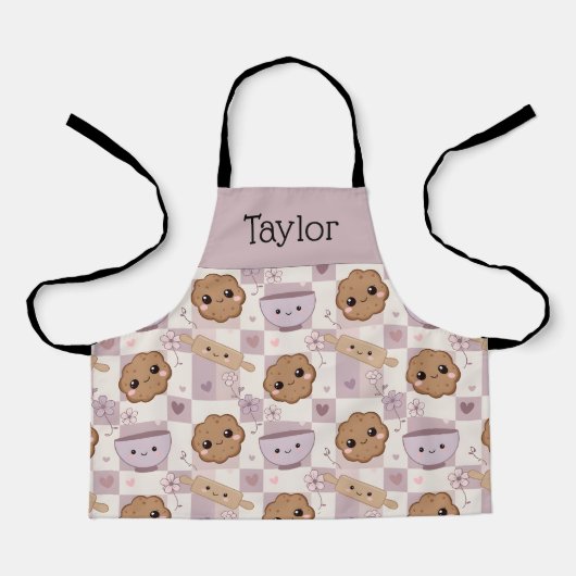 Personalized Kids Apron Kawaii Cookie Gingham Bake Schort (Voorkant)
