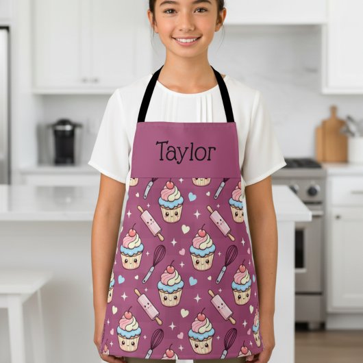 Personalized Kids Apron Kawaii Pink PurpleCupcake Schort
