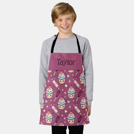 Personalized Kids Apron Kawaii Pink PurpleCupcake Schort (Gedragen)