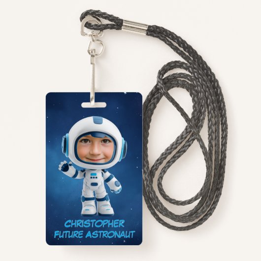 Personalized Kids Astronaut Emergency Contact Badge (Voorkant met draagriem)