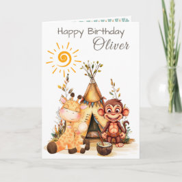 Personalized Kids Birthday Card with Cute Animals Kaart