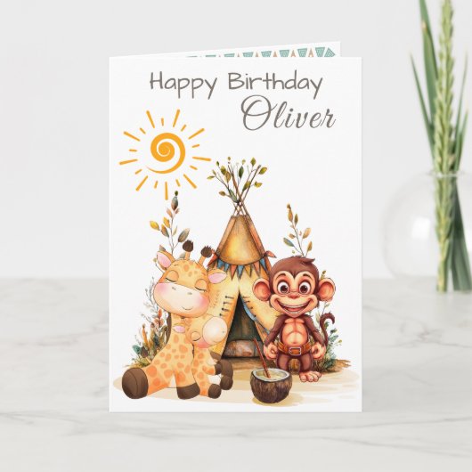 Personalized Kids Birthday Card with Cute Animals Kaart (Voorkant)