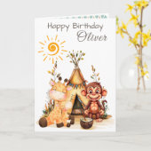 Personalized Kids Birthday Card with Cute Animals Kaart (Gele Bloem)