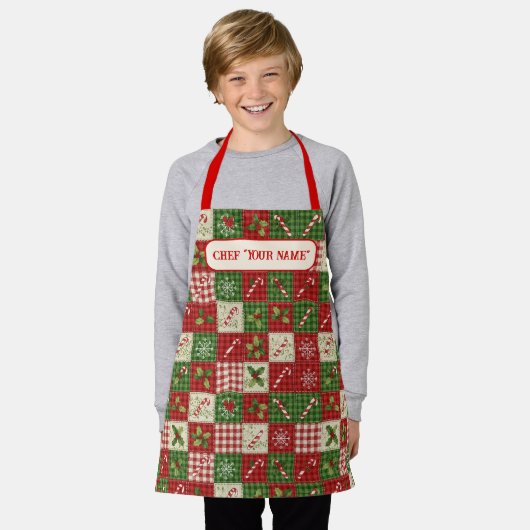 Personalized Kid's Christmas Quilt Patchwork Chef Schort (Gedragen)