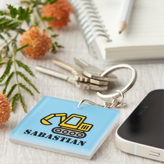 Personalized kid's keychain with toy excavator  (Voorkant Rechts)