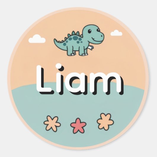 Personalized Kids Name Sticker– Cute Dinosaur Ronde Sticker (Voorkant)