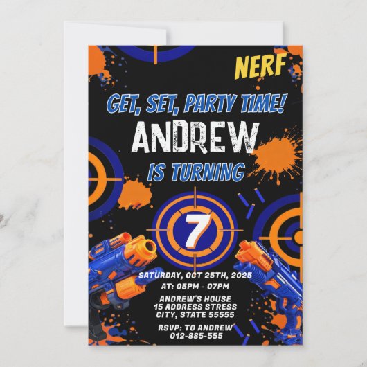 Personalized Kids Nerf Birthday Invitation Kaart (Voorkant)