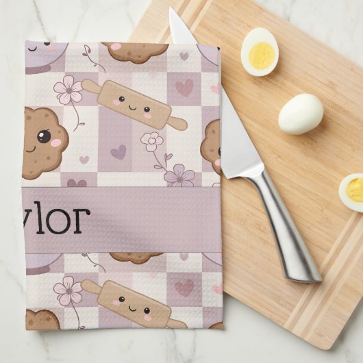 Personalized Kitchen Tea Towel Kawaii Cookie  Theedoek (Quarter Fold)
