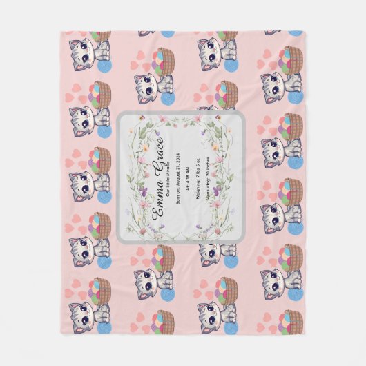 Personalized Kitten Baby Blanket | Custom Birth  Fleece Deken (Voorkant)