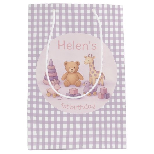 Personalized Lavender Gingham 1st Birthday Medium Cadeauzakje (Voorkant)