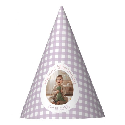 Personalized Lavender Gingham 1st Birthday Photo Feesthoedjes (Voorkant)