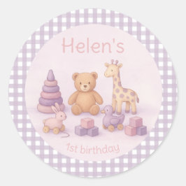 Personalized Lavender Gingham 1st Birthday  Ronde Sticker