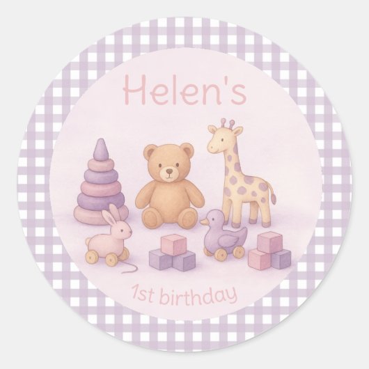 Personalized Lavender Gingham 1st Birthday  Ronde Sticker (Voorkant)
