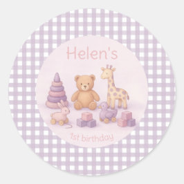 Personalized Lavender Gingham 1st Birthday  Ronde Sticker