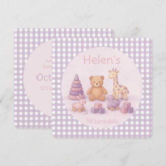 Personalized Lavender Gingham Birthday Invitation Kaart (Voorkant / Achterkant)