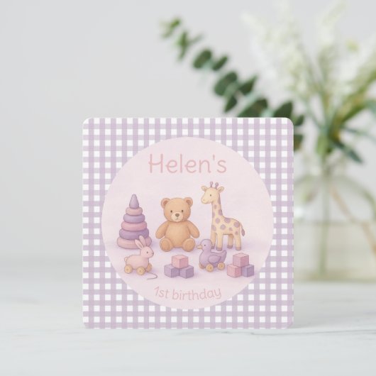 Personalized Lavender Gingham Birthday Invitation Kaart (Staand voorkant)