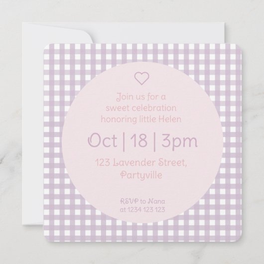 Personalized Lavender Gingham Birthday Invitation Kaart (Achterkant)